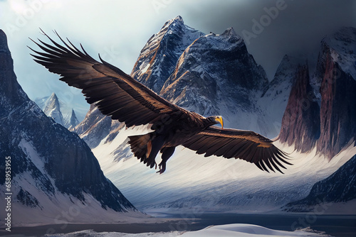 A huge condor flies against the backdrop of snow-capped mountains. AI generated.