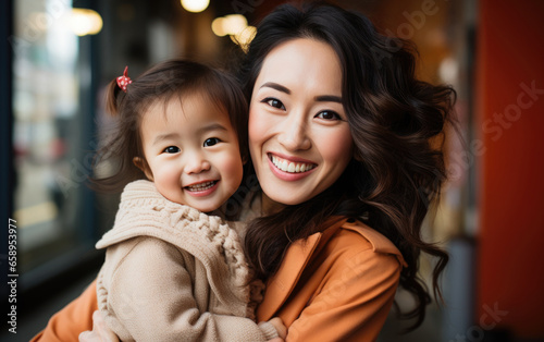 happy vogue fashion mother wearing lovingly embracing her kid indoor