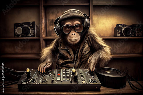 Cool monkey dj works at the dj console. AI generated.