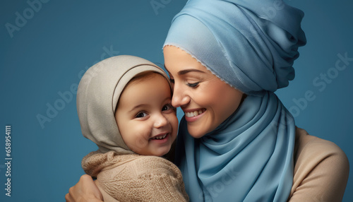 happy vogue fashion mother wearing lovingly embracing her kid, Bright solid light background