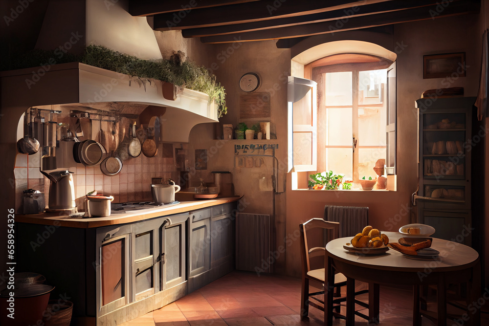 Interior of a typical Italian kitchen in a private house. AI generated.
