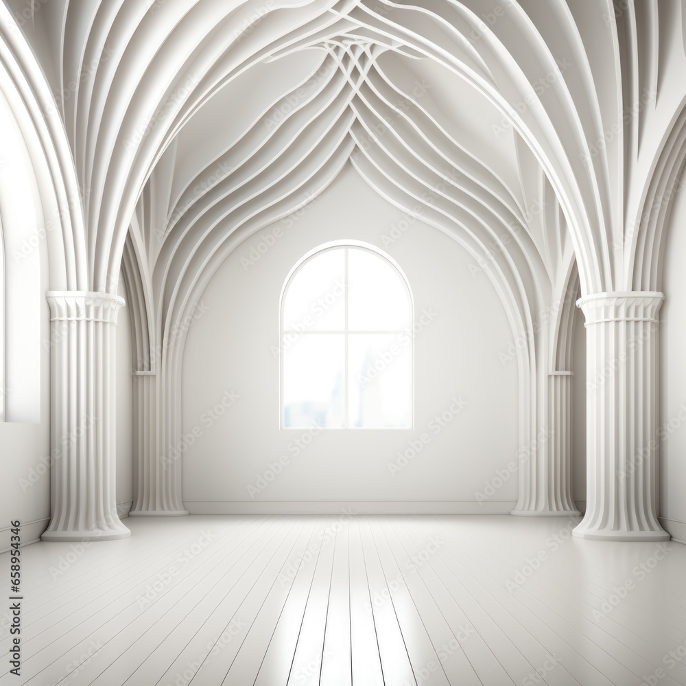 A white room with columns and a window. AI image.