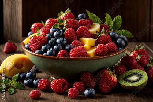 Mixed fresh fruits  strawberry  raspberry  blueberry  kiwi  mango  in a bowl  placed on table