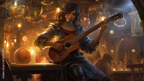 Minstrel playing in a tavern.