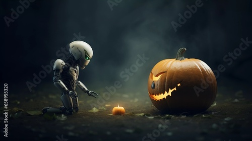 Ein kleiner Kürbis zwischen Roboter und Halloween Kürbis in der Nacht.