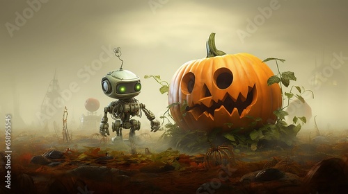 Kleiner Roboter trifft Halloween Kürbis. photo