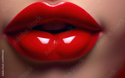 Deep Red Lipstick on Women's Shiny Red Lips Close-Up Macro Photograph Selective Focus