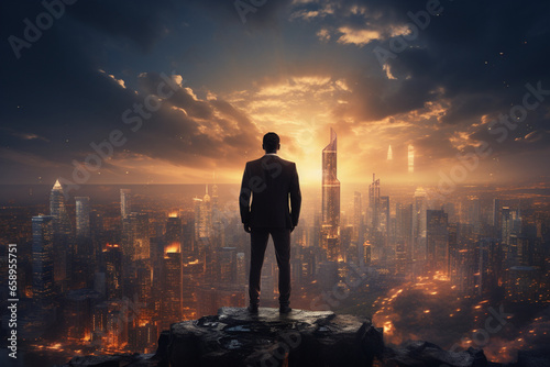 visionary leader photo with an entrepreneur overlooking a city skyline  embodying forward-thinking strategic leadership. Photo