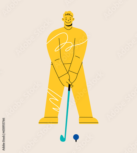 Happy man playing golf. Colorful vector illustration