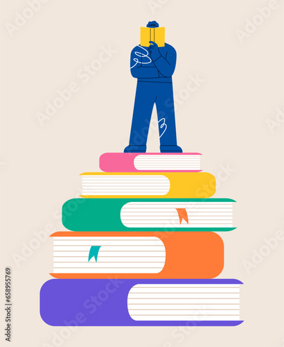Men standing on huge stack of books. Learning and education. Colorful vector illustration