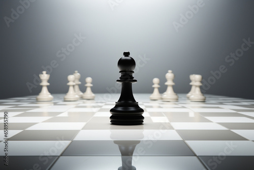 minimalist illustration of a chessboard with a single piece strategically positioned, symbolizing the complexity of strategic thinking. Photo