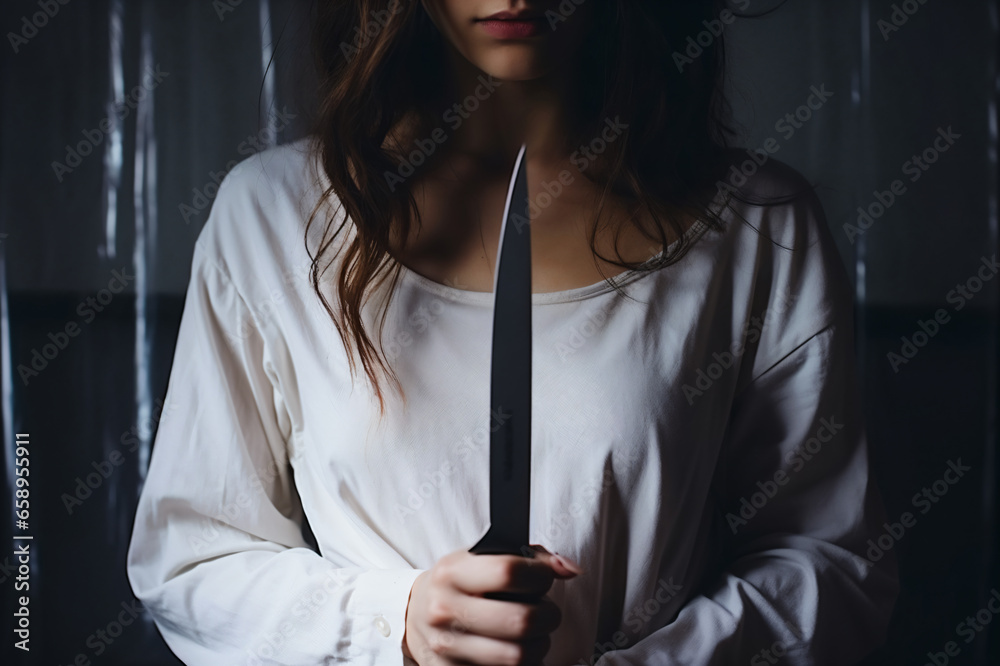 Naklejka premium A girl holds a knife in her hand and wants to hurt herself, suicidal or self-harm tendencies in depressive disorder, depression, bipolar disorder, mania, mental illness, suicidal tendencies, despair