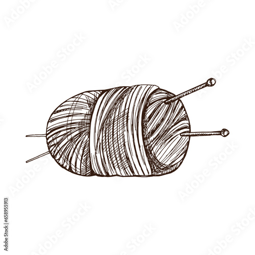 Hand drawn sketch of ball of threads, wool, knitting needles. Handmade, knitting equipment concept in vintage doodle style. Engraving style.