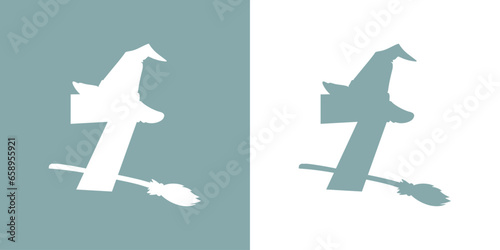 Icono cifra número 7 con silueta de sombrero de bruja volando en escoba. Logo para su uso en invitaciones y tarjetas de Halloween