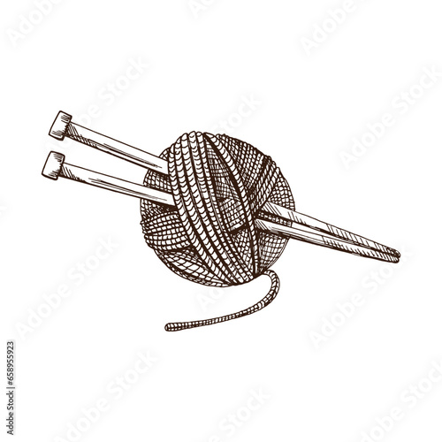 Hand drawn sketch of ball of threads, wool, knitting needles. Handmade, knitting equipment concept in vintage doodle style. Engraving style.