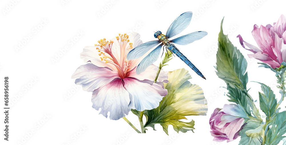 a dragonfly perched on a white hibiscus flower, bouquet of flowers. Generative Ai content wallpaper