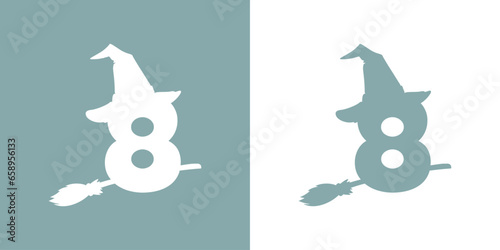Icono cifra número 8 con silueta de sombrero de bruja volando en escoba. Logo para su uso en invitaciones y tarjetas de Halloween