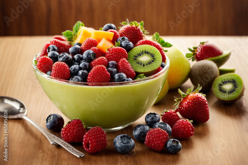 Mixed fresh fruits (strawberry, raspberry, blueberry, kiwi, mango) in a bowl, placed on table