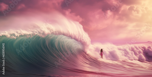 a female surfer riding a massive wave while. Generative Ai content wallpaper