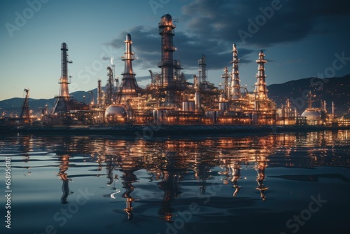 Close up details of industrial oil refinery plant. Dusk view of petroleum manufacturing facility
