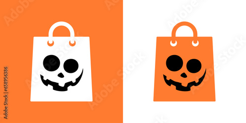 Logo trick or treat. Silueta de bolsa de la compra de papel con cara de calabaza para su uso en invitaciones y tarjetas de Halloween