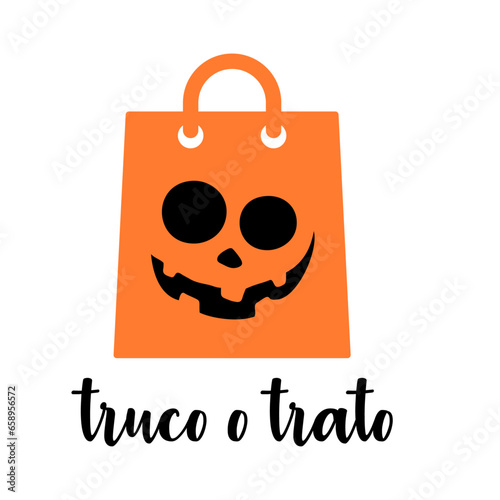 Logo con texto manuscrito truco o trato en español con silueta de bolsa de la compra de papel con cara de calabaza para su uso en invitaciones y tarjetas de Halloween