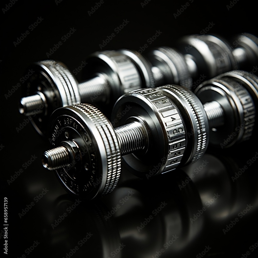 Black and white photograph of heavy dumbbells Black and white photograph of heavy dumbbells