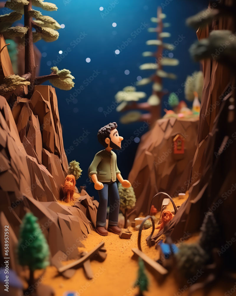 Mann wandert in den Bergen - Miniatur Puppen, Claymation, Animation