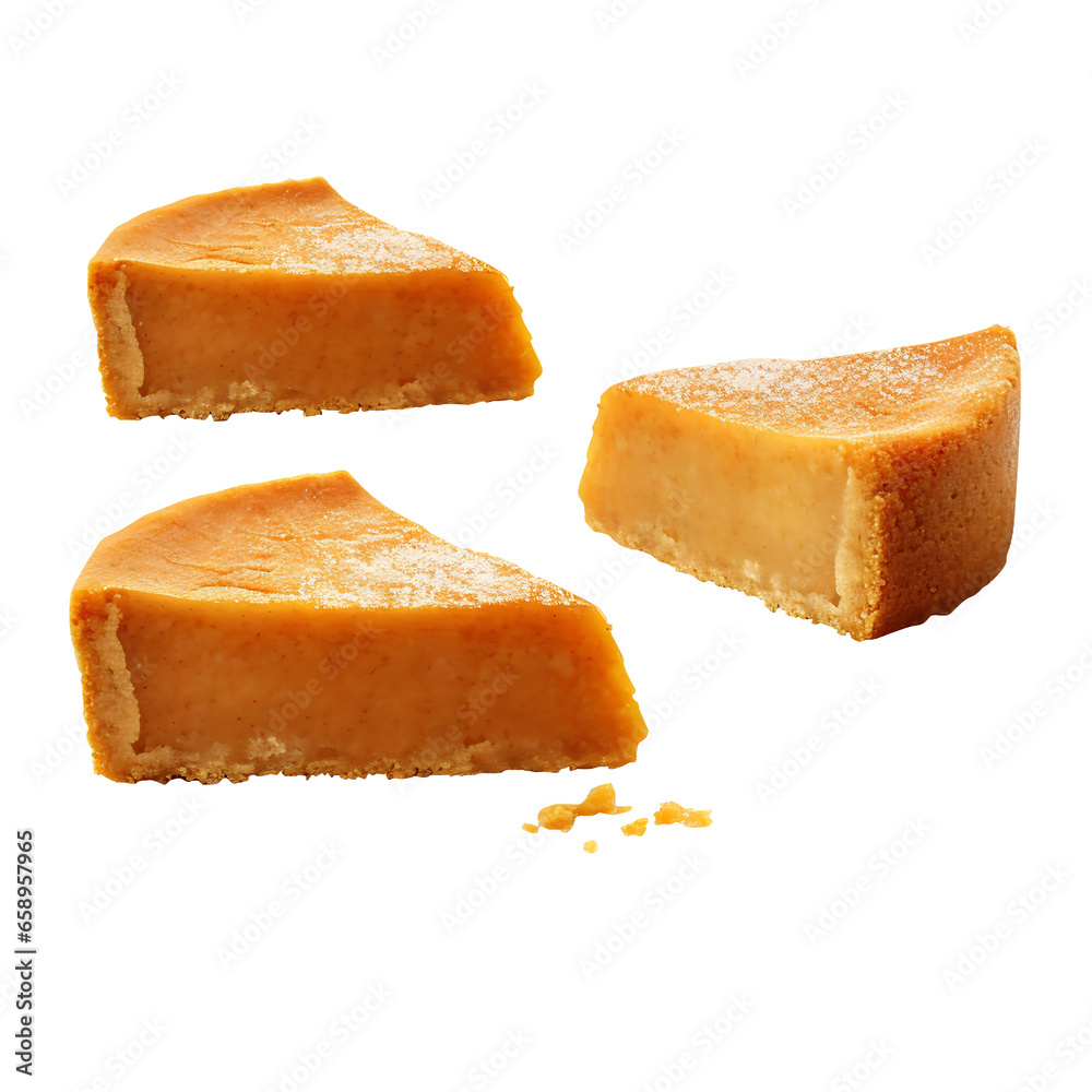 three slice of traditional homemade pumpkin pie with isolated on white background, American pie, png file, clipping path, three slice of traditional homemade pumpkin pie with isolated on white background, American pie, png file, clipping path,