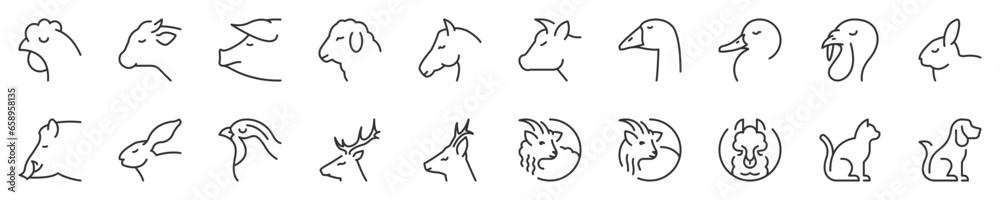 Obraz premium Farm and hunting animals, thin line icon set. Symbol collection in transparent background. Editable vector stroke. 512x512 Pixel Perfect.
