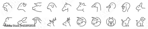 Farm and hunting animals, thin line icon set. Symbol collection in transparent background. Editable vector stroke. 512x512 Pixel Perfect.
