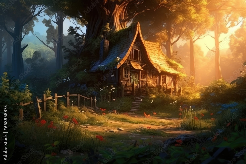 Fototapeta premium Old house in the forest at sunset.