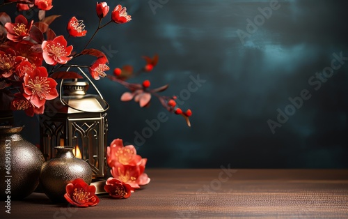 Chinese New Year lantern and flowers on a dark blue background