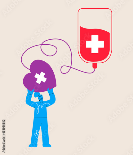 Female volunteers donate blood,  world blood donor day. Colorful vector illustration