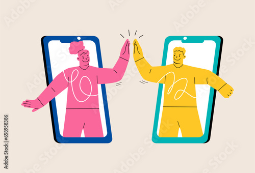 Young remote friends giving high five. Online communication in messenger concept. Colorful vector illustration