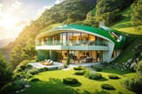 A stunning green home nestled in a vibrant landscape, with the sun's rays illuminating its eco-friendly design. Generative AI