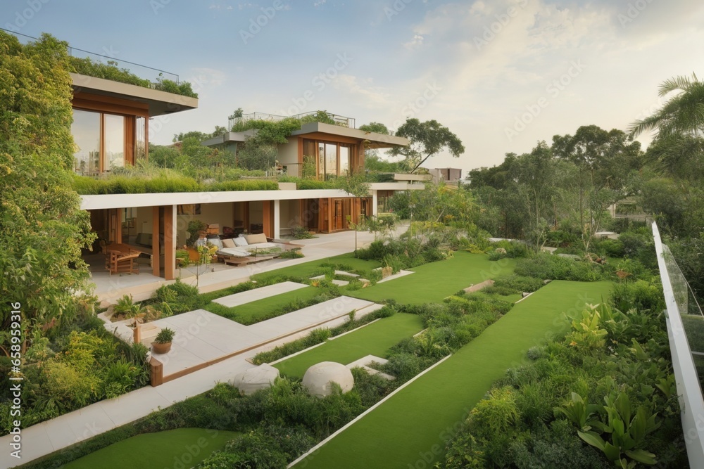 From the sun-kissed rooftop to the verdant lawn, this image captures the essence of a green home, showcasing its harmonious integration with nature. Generative AI