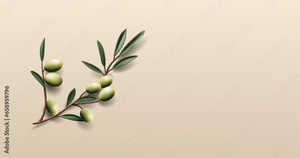 realistic illustration of olive branch with leaves and green olives, 3d render illustration