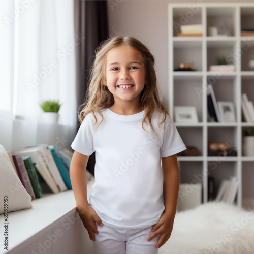 Mockup of a white T-shirt in a child s room. Soft beige interior for a baby.