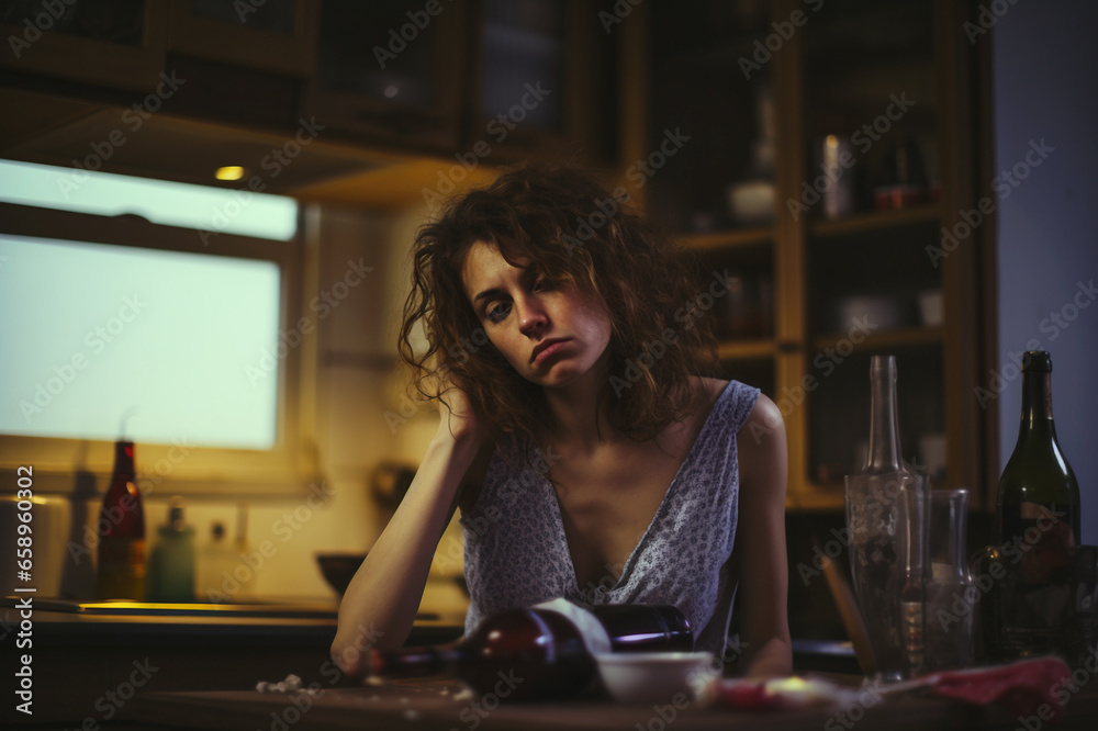 Portrait of exhausted young woman with hangover after drinking alcohol at night Portrait of exhausted young woman with hangover after drinking alcohol at night
