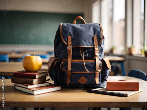 school backpack with stationery on white wooden table on school background. Back to school concept. photo