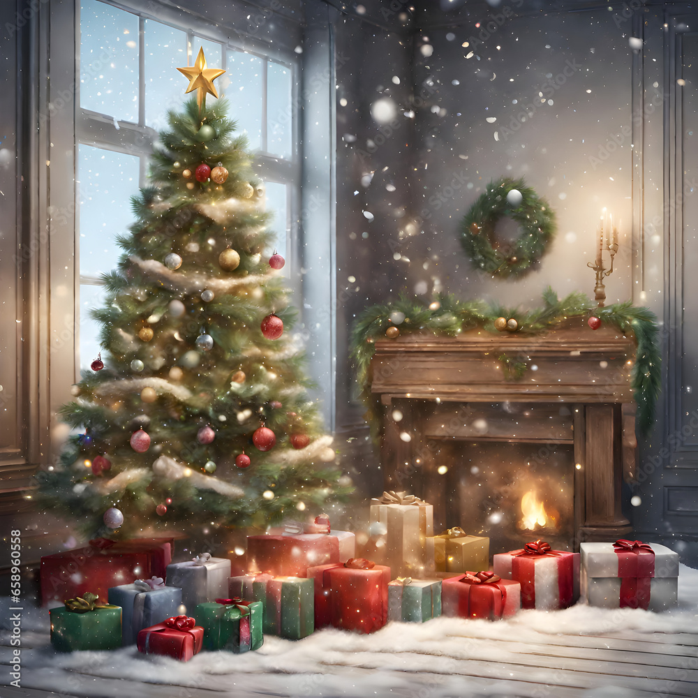 A christmas tree with presents and presents in front of a window