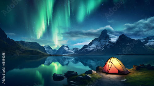 Aurora borealis (Northern lights) over a mountain.