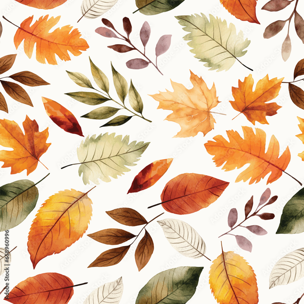 Fall leave. Harvest pattern. Watercolor autumn seamless pattern with autumn leaves berries on white background. Perfect for greetings, invitations, manufacture wrapping paper, textile, wedding