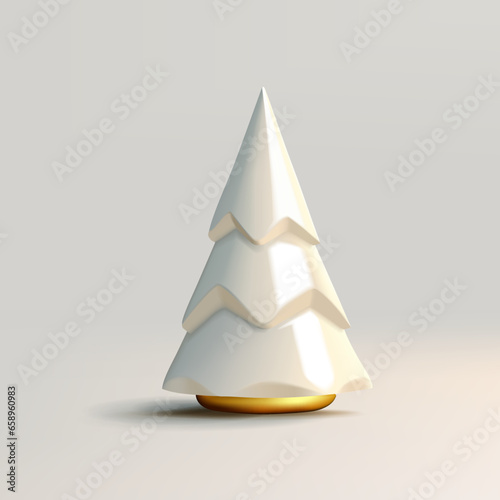 3D Christmas tree stylized icon, white ceramic toy with golden bottom, glossy enamel, modern render holiday gift