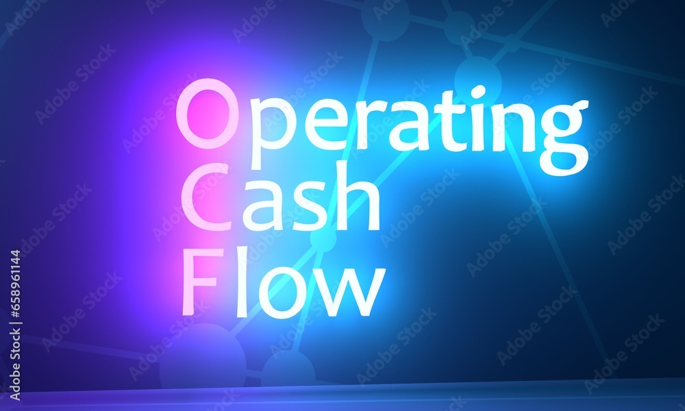 OCF Operating Cash Flow - measure of the amount of cash generated by a company's normal business operations. Acronym text concept background. Neon shine text. 3D render