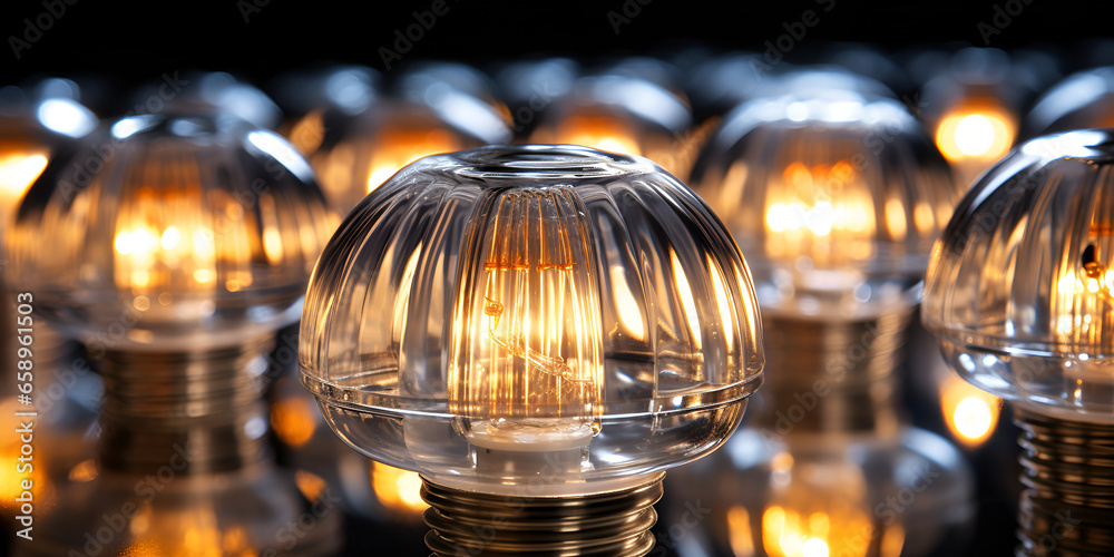 Vintage tungsten filament multiple lamps of different size and style hanging from th,glass of champagne