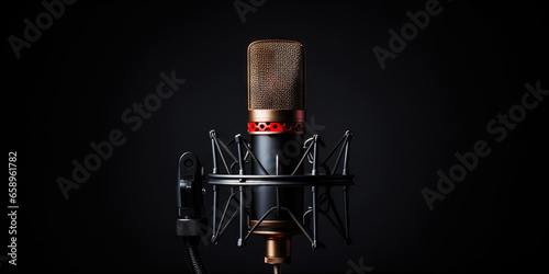 Closeup of professional microphone with dark uniform backdrop. Generative AI