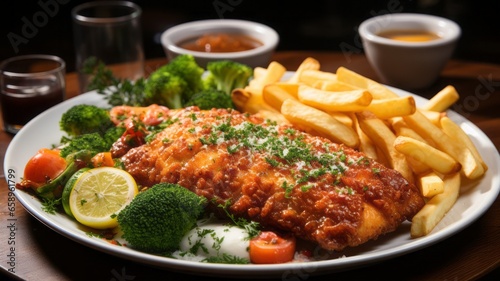 Crispy Fried Chicken Dish with French Fries on Plate