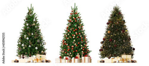 christmas tree and decorations on white background